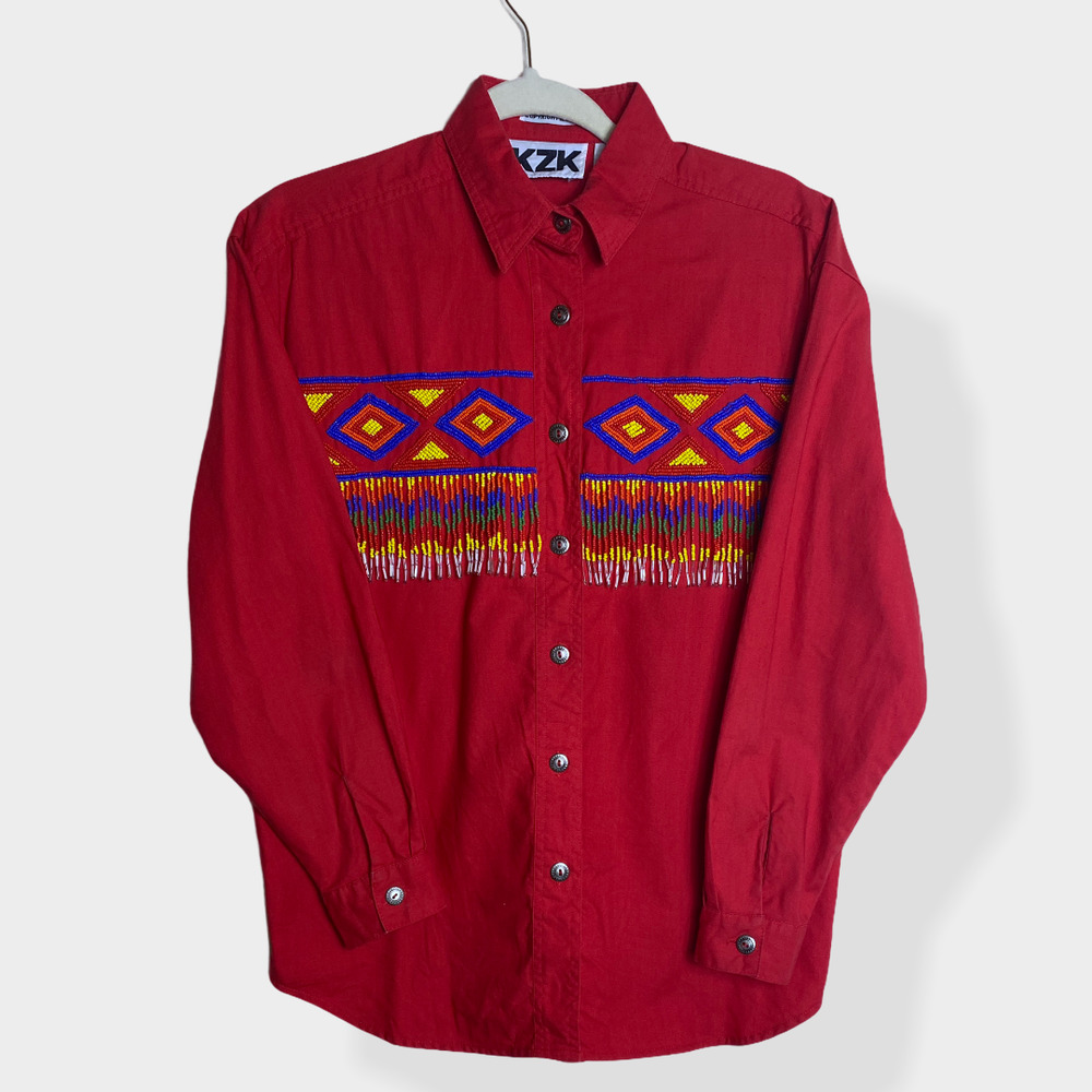 VTG KZK Beaded Western Wear Button Down Shirt Med